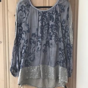 Gray pattern blouse with sequin trim and arms